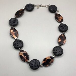 Donna Dressler 925 Sterling Silver Faux Tortoise and Lava Bead Necklace